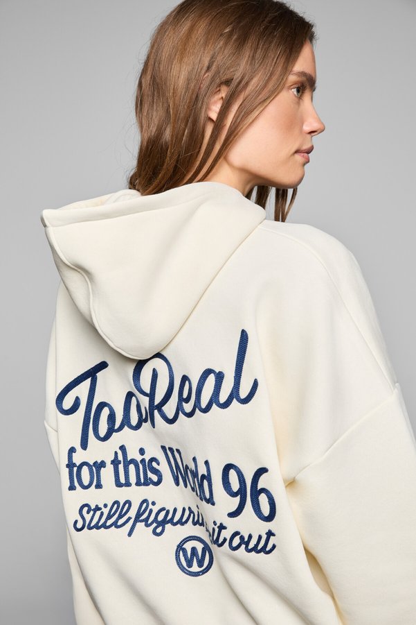 GRIMELANGE Luxe Women's Color Embroidered and Back Print Detailed Hooded Ecru Sweatshirt