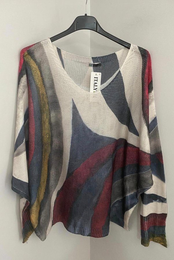 AYASOFYA OTANTIK Women's Italian Beige Burgundy V-Neck Vintage Abstract Patterned Loose Mercerized Blouse