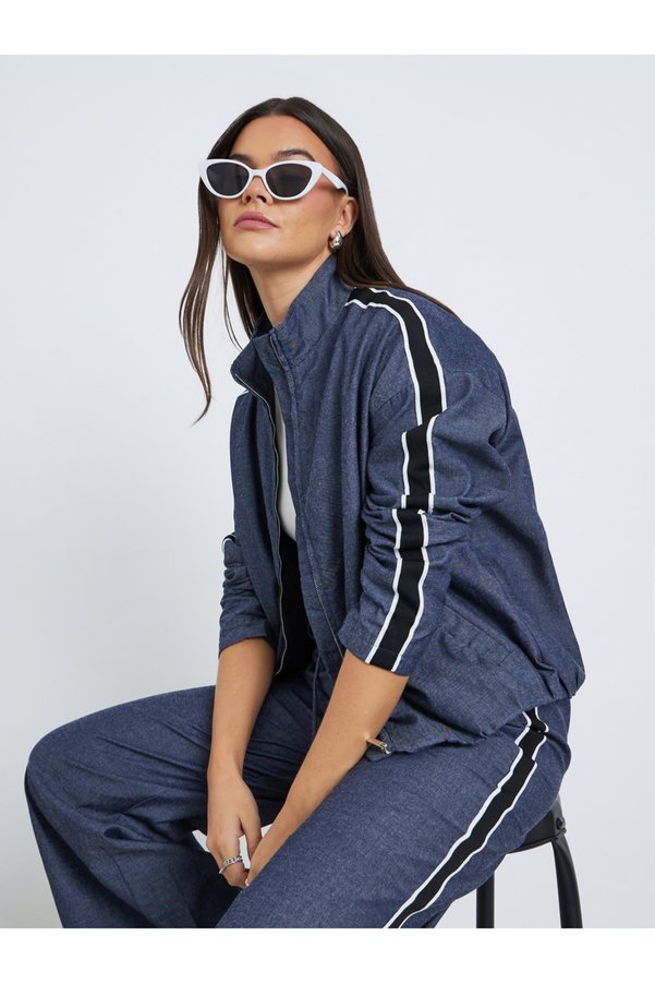 Styli Dark Blue Bomber Jacket with Stripes