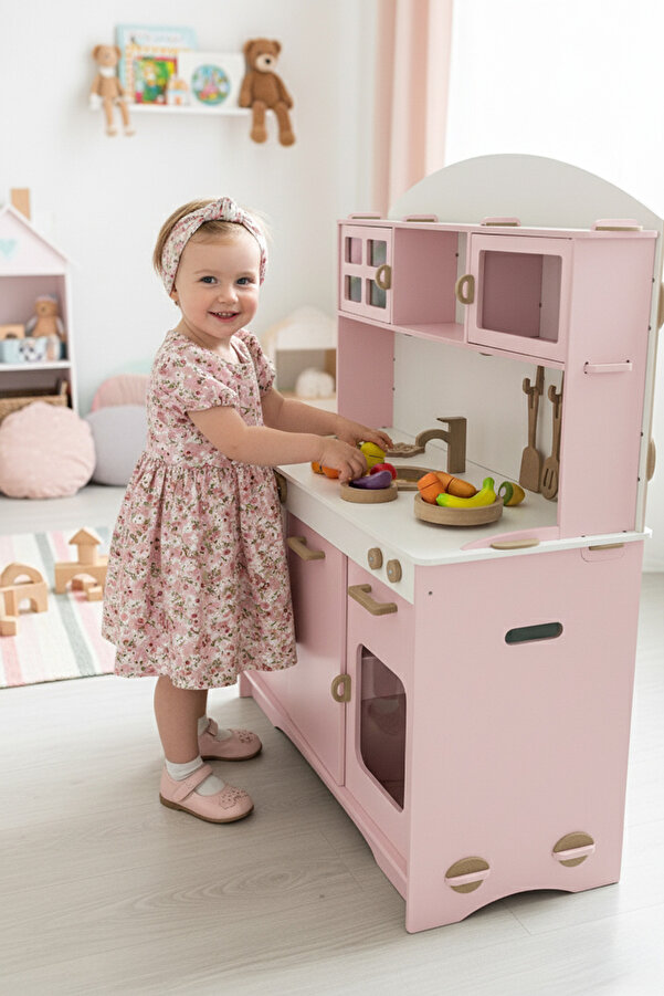 HOBBY HOUSE Ahşap Montessori Çocuk Mutfak Seti Bebek Pembe LED Işıklı