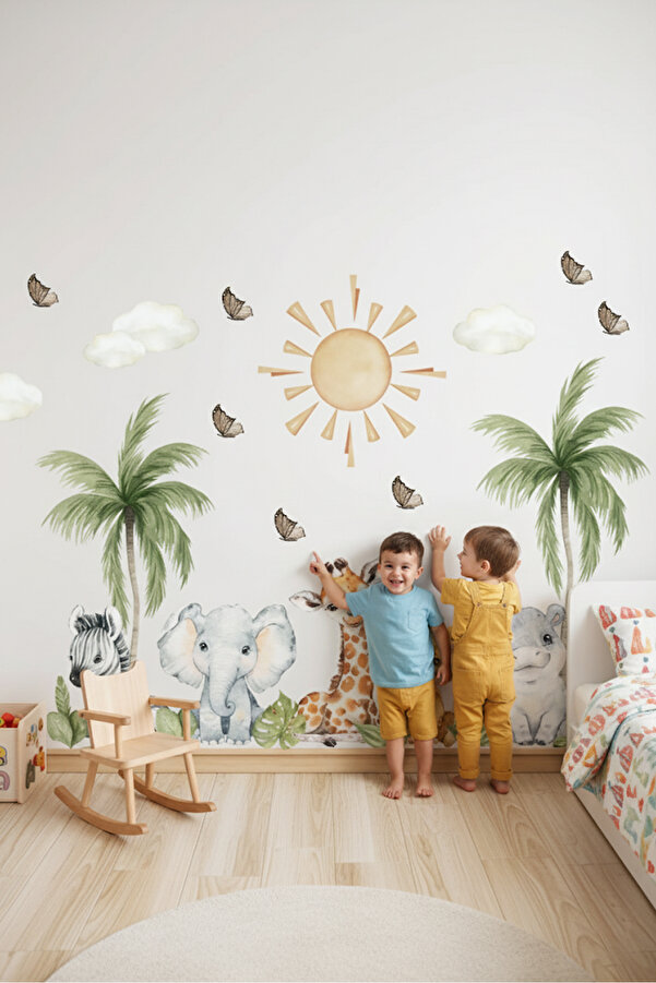 Kt Grup Safari Dünyası Yavru Hayvanlar Zebra Fil Zürafa Hippo Ve Aslan Çocuk Odası Duvar Sticker Seti