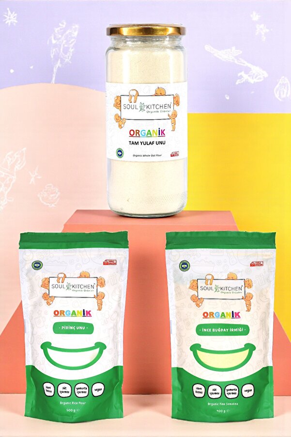 Soul Kitchen Organik Ürünler Organik Sertifikalı İnce Buğday İrmiği 400 g Pirinç Unu 500 g Tam Yulaf Unu Cam 250 g Bebek Set