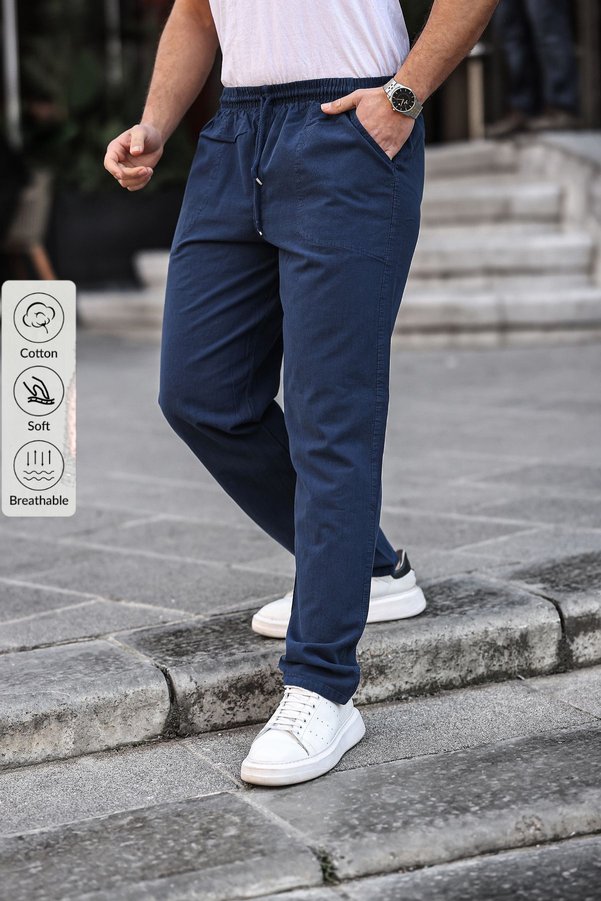 COMBİNE MİCHAİL Navy Color Men's Summer Linen Blend Relaxed Trousers
