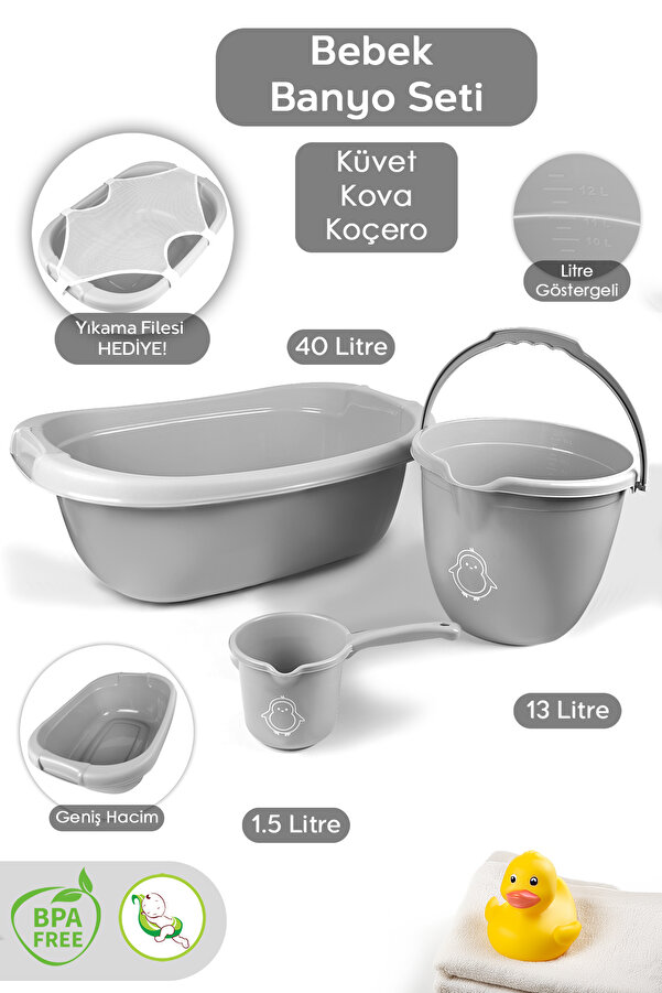 Meleni Baby 3'lü Set - Bebek Yıkama Banyo Küveti, Desenli Su Kovası, Maşrapa, Gri - Yıkama Filesi Hediye