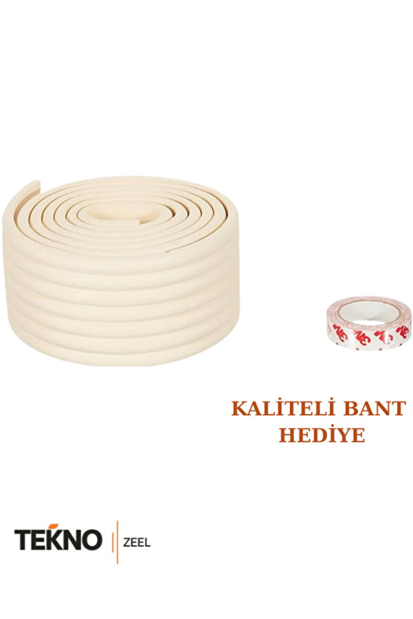 teknozeel Kauçuk Krem Renk Geniş Kenar ve Köşe Koruyucu 2 metre Bebek Masa Darbe Koruma (3M Bant Hediye)