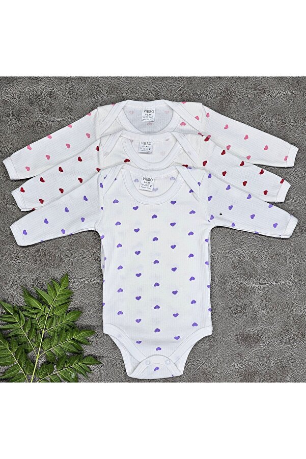 vieso 3'lü Raporlu Kalpli Pamuklu Uzun Kollu Çıtçıtlı Bebek Body Zıbın