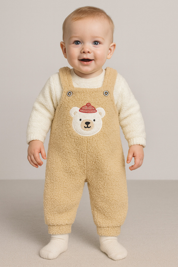 Bubito Ayı Nakışlı Kışlık Peluş Welsoft Bebek Tulum-Bej