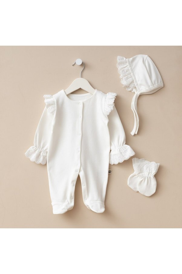 Minimus Baby Girl Newborn Cotton Lace Detail Romper Set Gift Hospital Discharge 3-Piece Set
