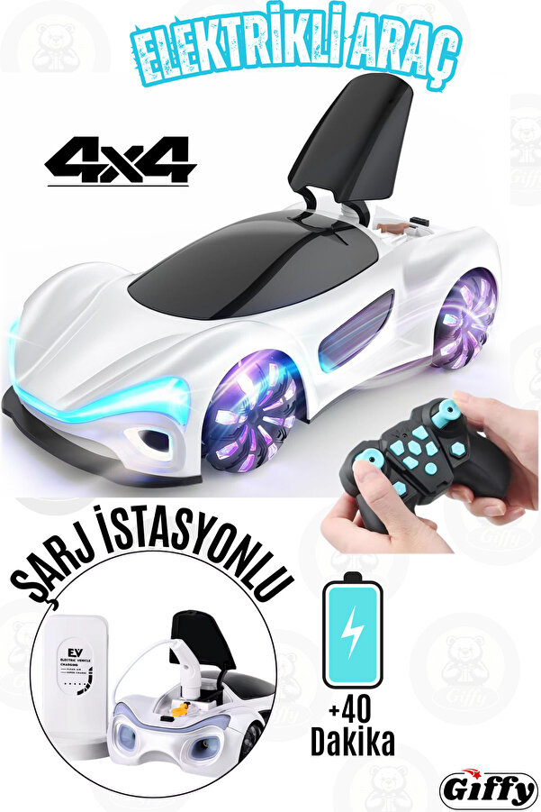 giffy Oyuncak Uzaktan Kumandalı Şarjlı Elektrikli Araba 4X4 Şarj İstasyonlu Led Işıklı Sesli Müzikli RC