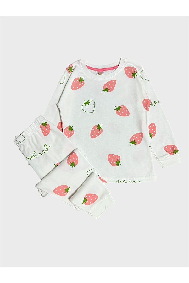 ALİŞ KİDS Kız Çocuk %100 Pamuklu Beyaz Çilek Desenli Uzun Kollu Pijama Takımı