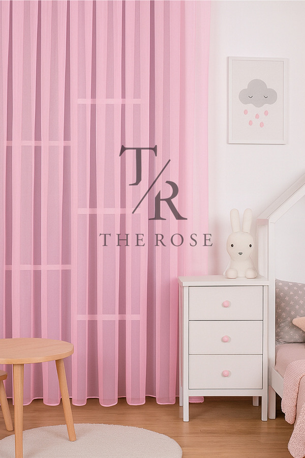 The Rose Pembe Tül Perde, Kız Çocuk Odası, Sık Pile, Düz, Sade, Tül Perde, Kornişli, Çocuk Odası, Pembe