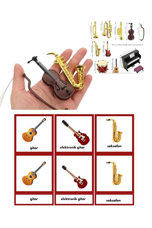 Ada Montessori müzik aletleri mini obje ve 3 aşamalı kartları