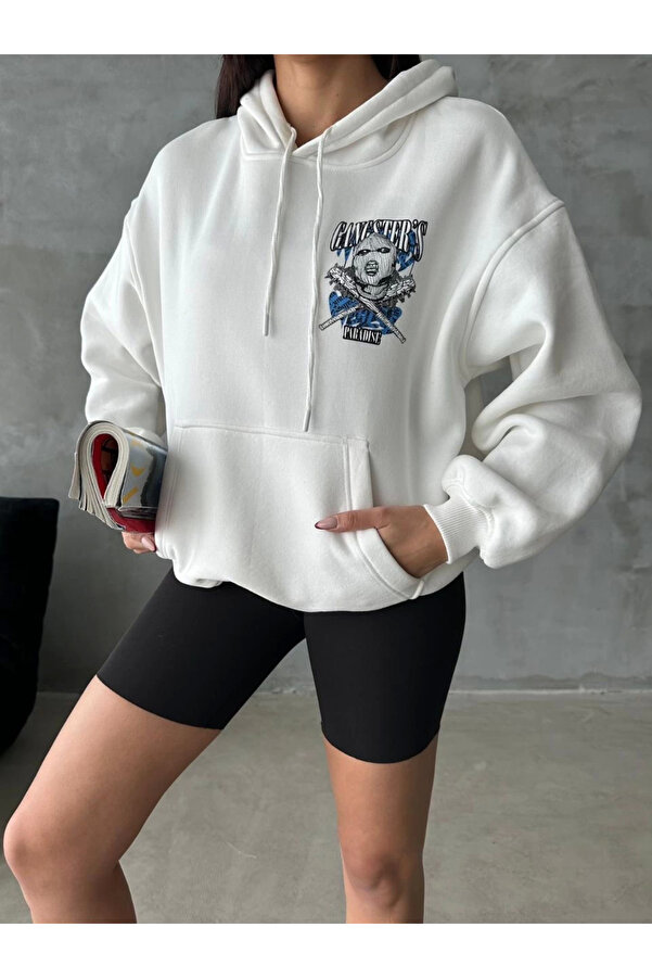 AyrStore 3 Iplik Şardonlu Oversize Kafa Baskılı Sweat Beyaz