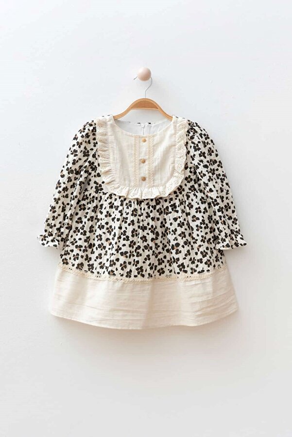 Banamio Elias Kız Bebek Çocuk Çiçek Desenli Fisto Detaylı Keten Yakalı Astarlı Müslin Elbise