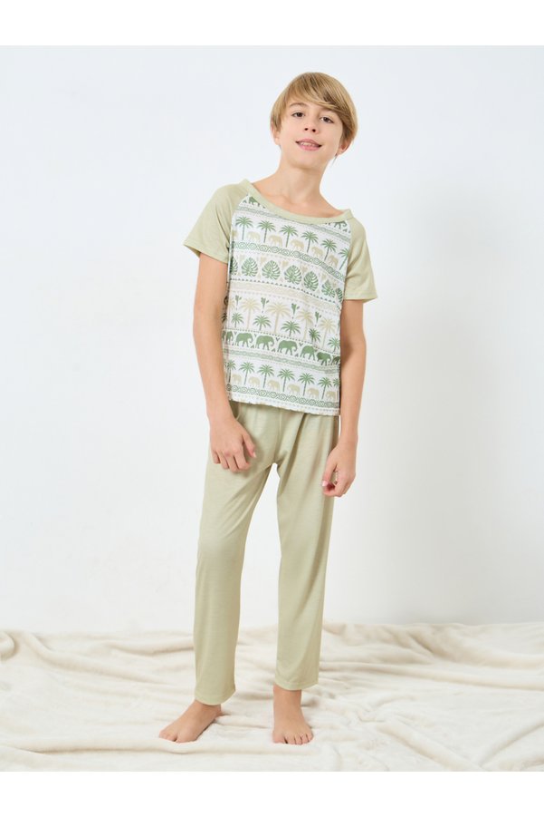 Take Two By Styli Boys Green Elephant Print T-Shirt and Pyjama Set