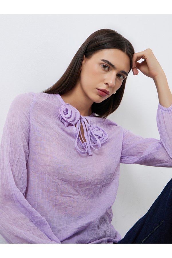 Take Two By Styli Lilac Long Sleeve Shirt with Floral Detail