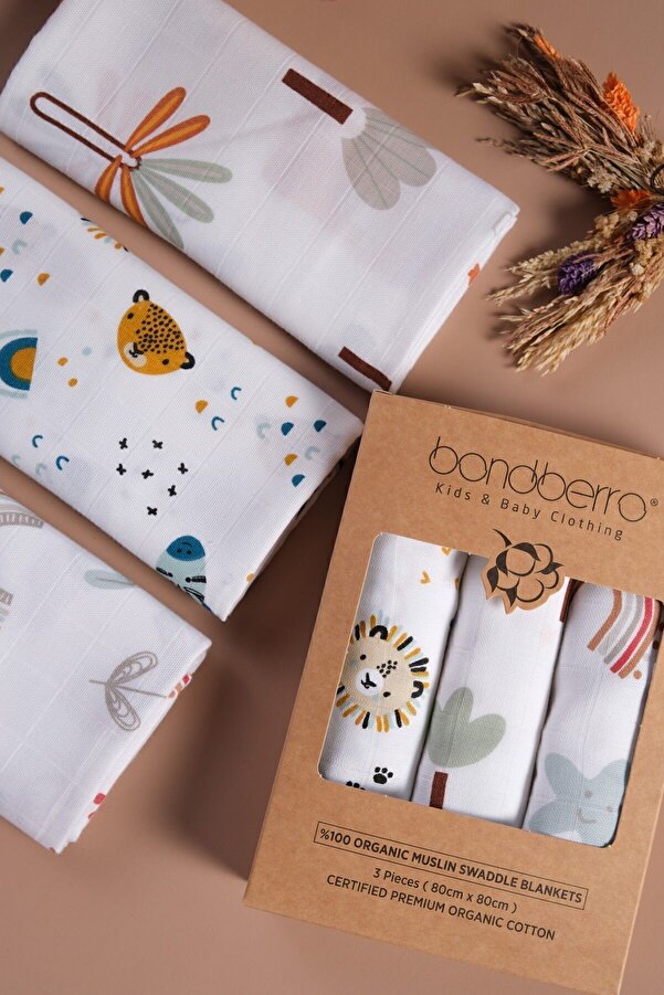 Bondberro Çok Amaçlı Müslin Örtü & Battaniye 3'lü Set %100 Pamuk Oeko-teks Sertifikalı 80x80 Cm