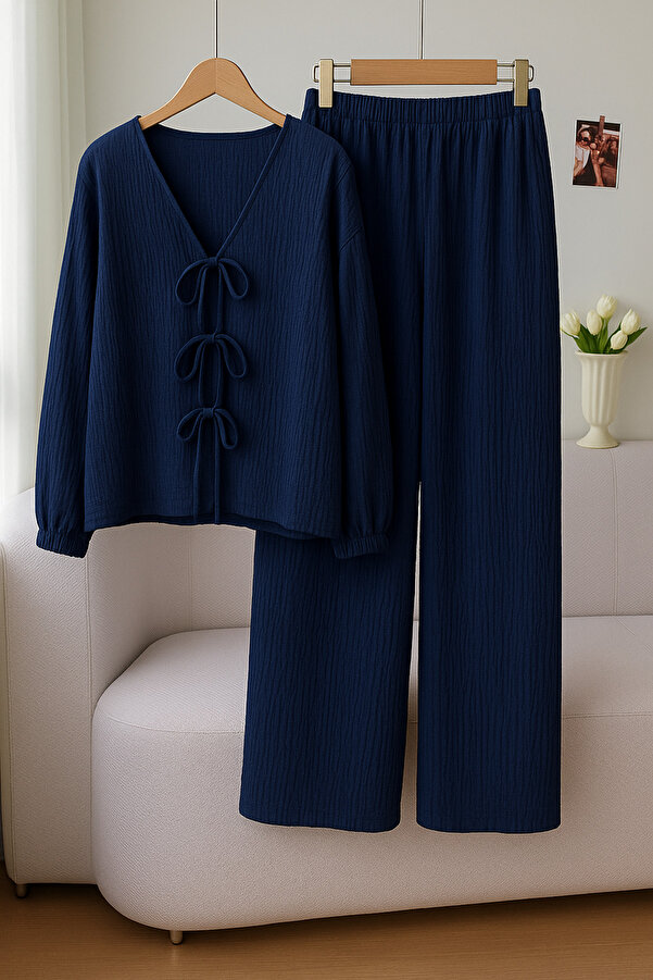 poswicon lacivert önü bağcıklı uzun kollu gömlek ve pantolon mevsimlik alt üst takım