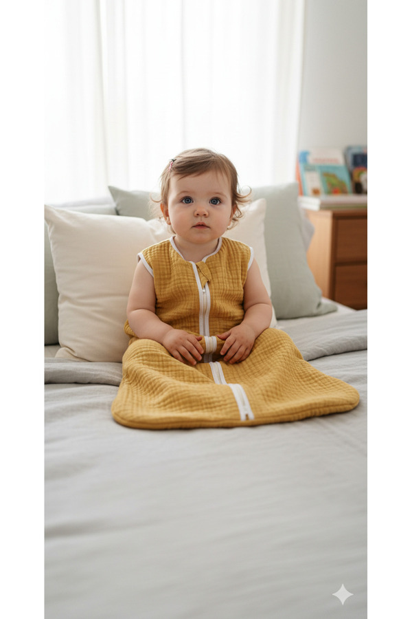 yorni Ürün Boyu 100cm, 18-36ay Yazlık Ve Mevsimlik, 4 Kat Müslin Kumaş, Bebek Torba Uyku Tulumu, Hardal