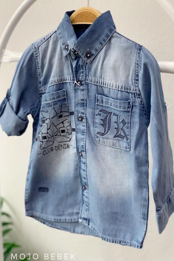 Mojo Bebek Mojo Erkek Bebek 1-4 Yaş Cepli Baskılı Kot Gömlek 20112 Mavi