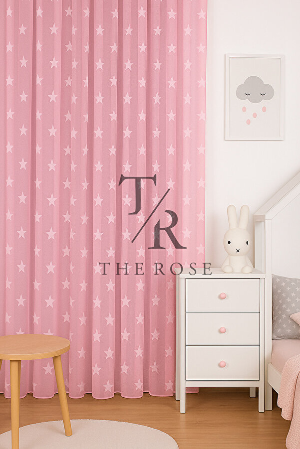 The Rose Pembe Yıldızlı Tül Perde, Kız Çocuk Odası, Sık Pile, Düz, Sade, Tül Perde, Kornişli, Yıldızlı