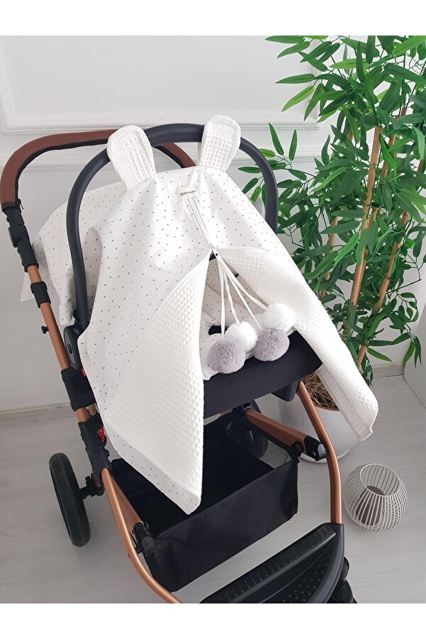 ib ilkimbebe Nokta Desenli Kulaklı Büyük Ponponlu Fermuarlı Bebek Puset Örtüsü ve Puset Minderi