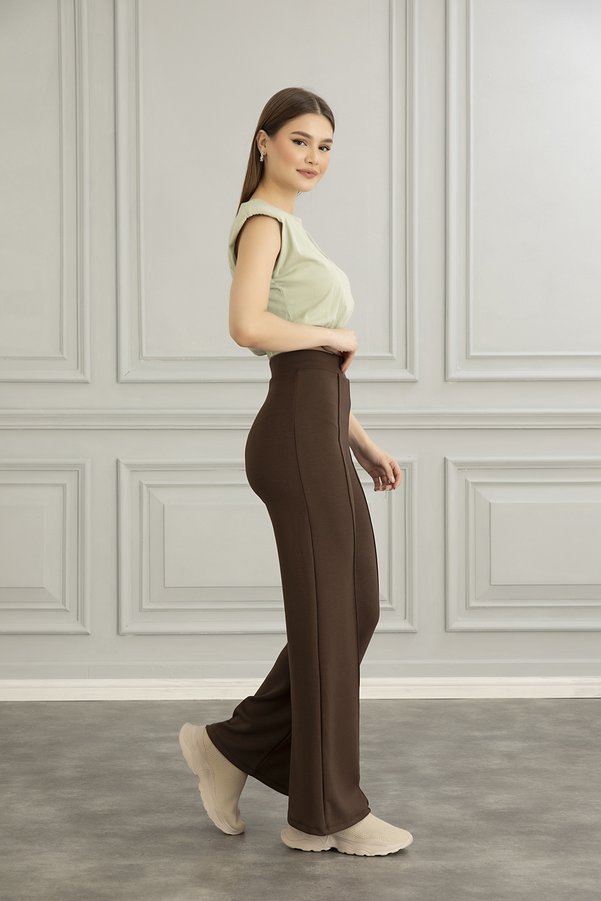 Alos Women's Brown Modal Wide-Leg Seam-Detail High-Waisted Soft-Textured Elastic-Waist Stretch Fabric Trousers