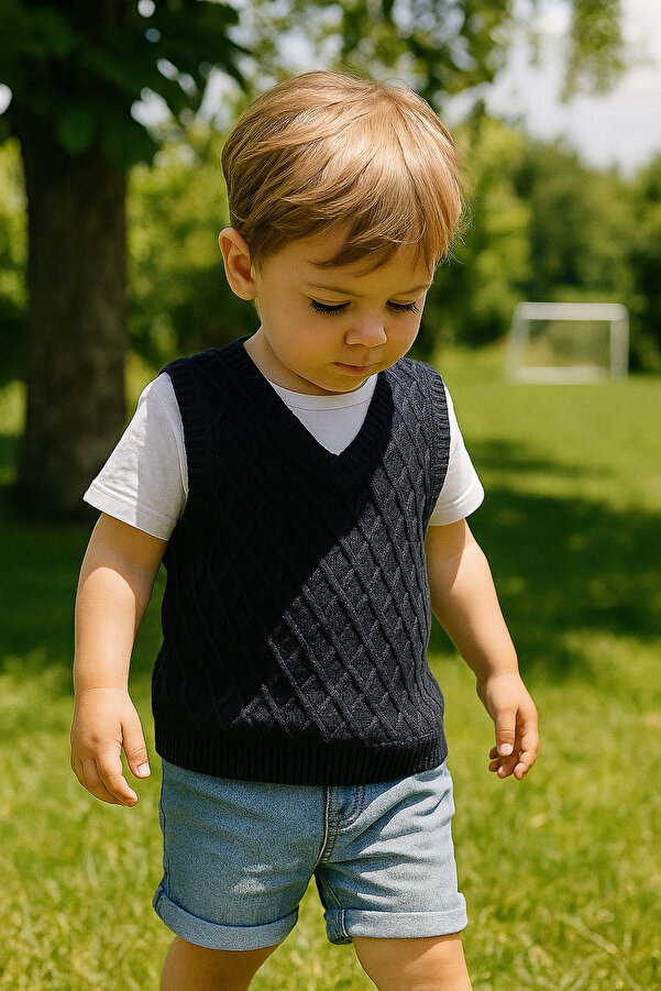 Nimini Kids Okul Öncesi Kreş Anasınıfı V Yaka Baklava Desenli Triko Erkek Bebek Çocuk Süveter (0-5 yaş)