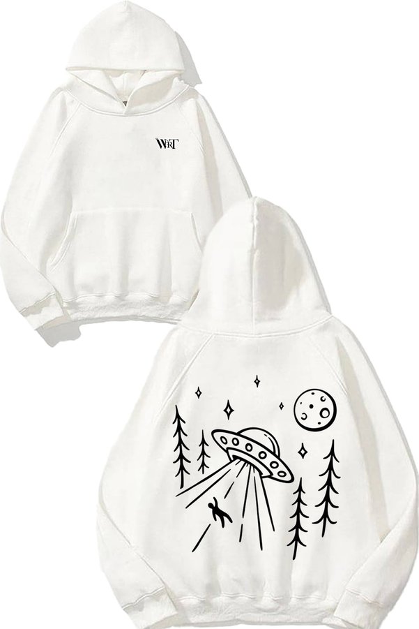 THEWERT Flying Saucer Ufo Doodle Design Back Printed White Hooded Sweatshirt