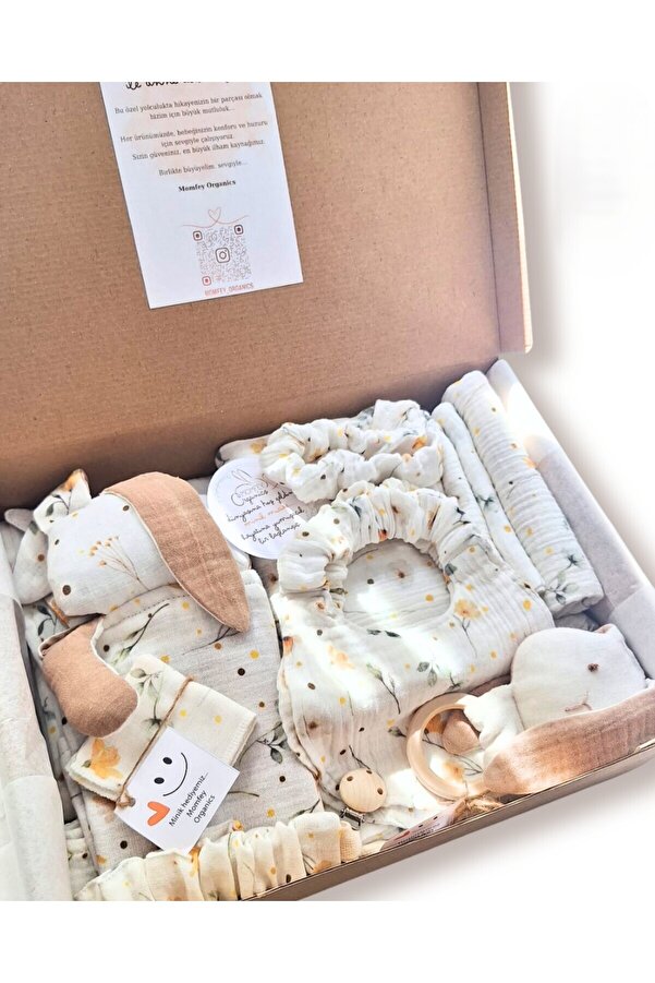 Momfey Organics 14 Parça Müslin Bebek Seti | %100 Pamuk | Yenidoğan Hastane Çıkışı, Hediye Seti