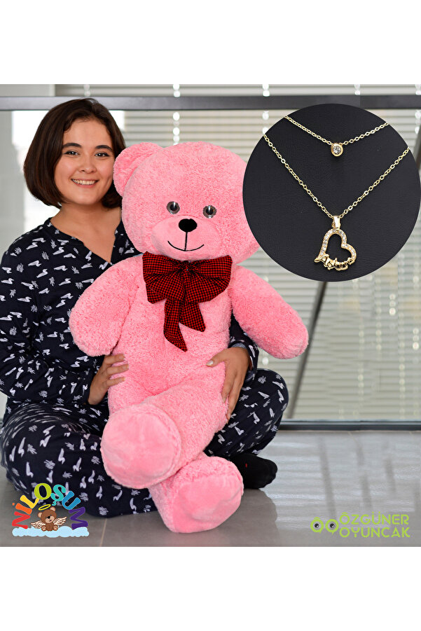 NİLOŞUM Özgüneroyuncak Sevgiliye Hediye Seti – 90 cm Peluş Ayıcık & 24 Ayar Altın Kaplama Kolye