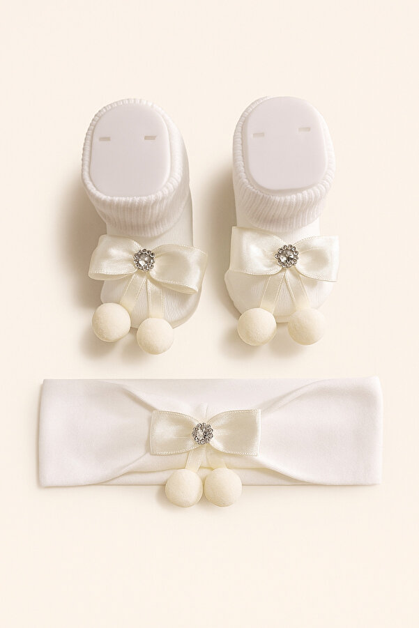 baby socks Fiyonk Ponponlu Elmaslı Bebek Çorap Bandana Takım 0-2 Yaş