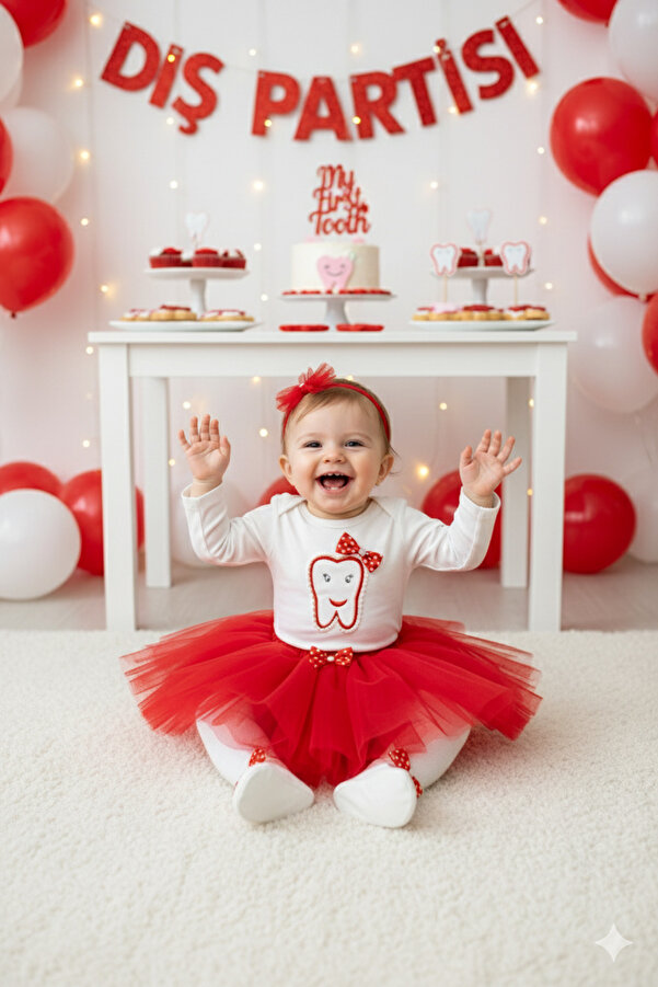 Petite Ponpon Baby Kız Bebek Doğum Günü Parti Kıyafeti Tütü Etek Diş Buğdayı Kırmızı