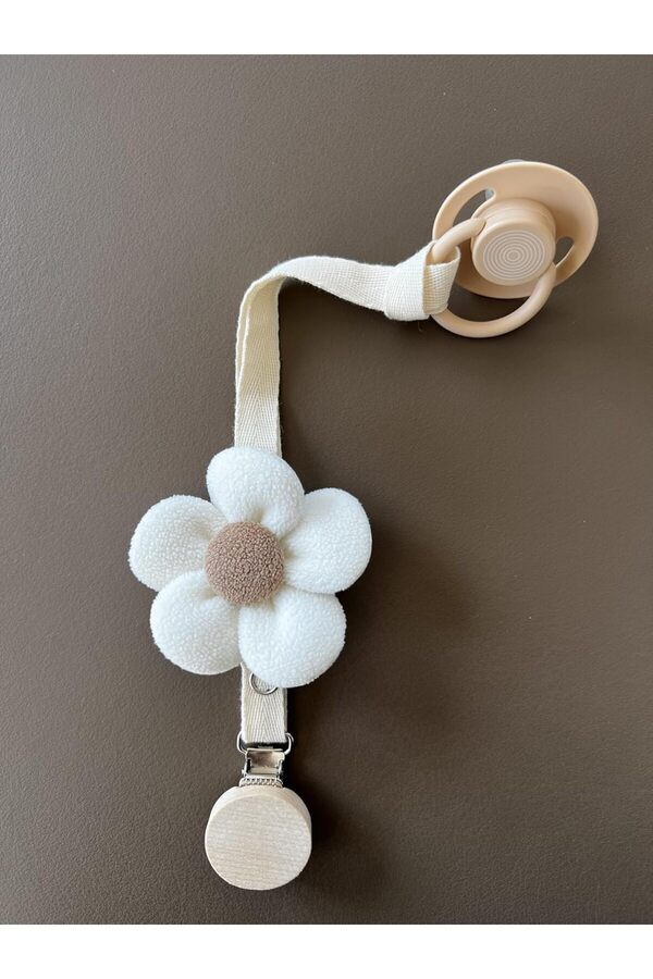 Genel Markalar Bebek Emzik Askısı / Emzik Askılığı - Papatya Desenli, Beyaz Renk, Güvenli Klipsli