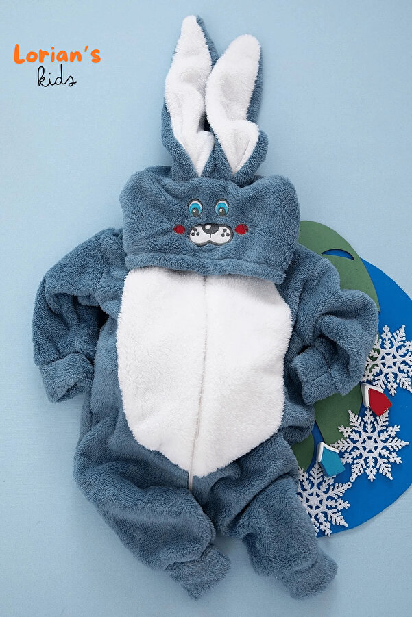 LORIAN'S Lacivert Tavşan Unisex Yumuşak Peluş Fermuarlı Bebek Tulumu -