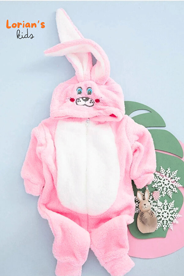 LORIAN'S Welsoft Kız Pembe Tavşan Yumuşak Peluş Fermuarlı Bebek Tulumu - 6 Yaş