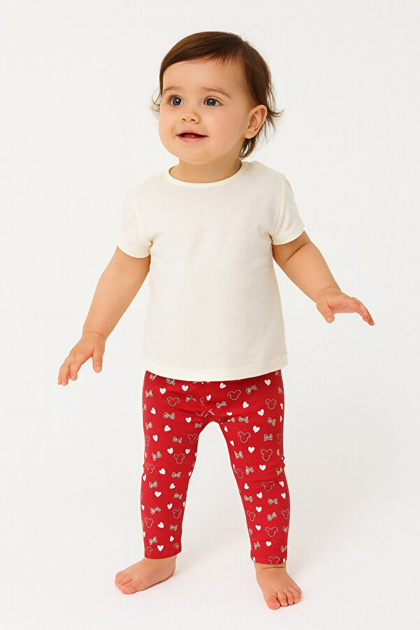 Divonette Kız Bebek Kırmızı Tayt %100 Pamuk - Kalp ve Fiyonk Desenli Rahat Kalıp Bebek Tayt
