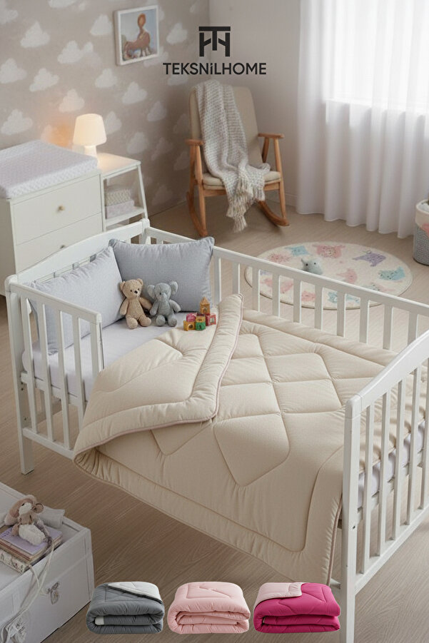 TeksNil Home Pamuklu Welsoft Bebek Yorganı 95x145 cm Bej Yumuşak Çift Taraflı Bebek Yorgan