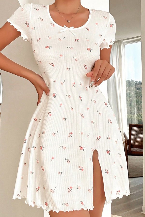 Merry See Slit Short Sleeve Pajama Nightdress