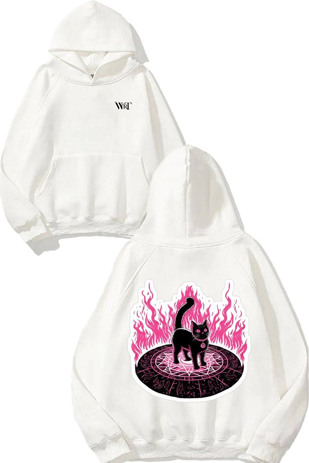 THEWERT Black Cat Spell Design Back Printed White Hooded Sweatshirt