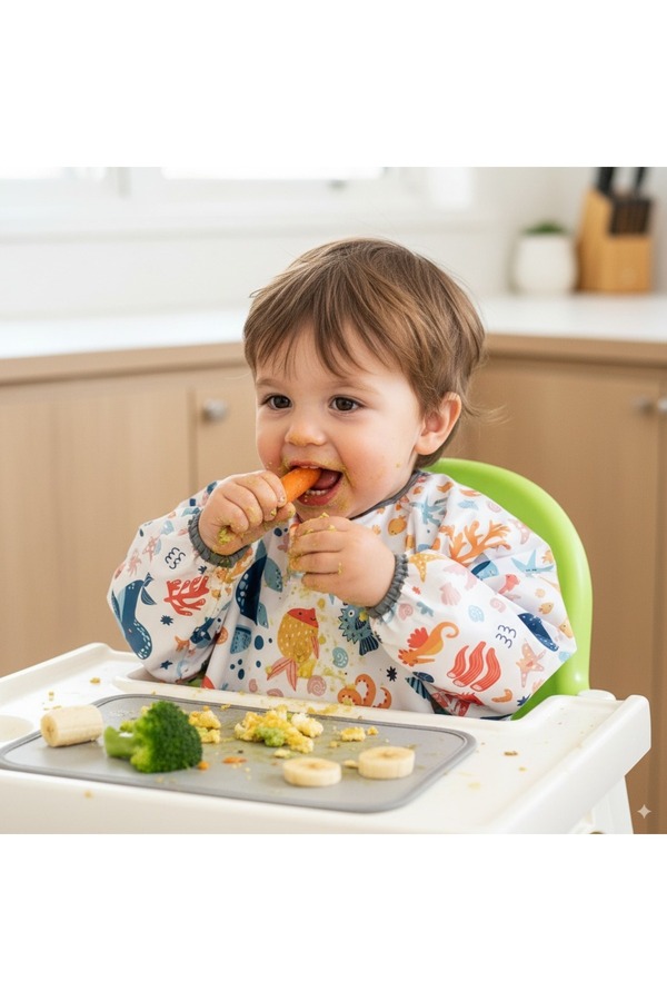 yorni Sea Desen, 6-24ay, Uzun Kollu, Sıvı Geçirmez, Cepli, Cırtlı Bebek Aktivite, Mama Önlüğü