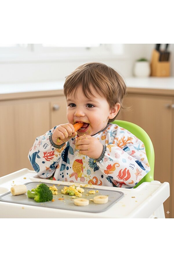 yorni Sea Desen, 2-4yaş, Sıvı Geçirmez, Cepli, Makinede Yıkanabilir, Uzun Kollu Bebek Önlüğü