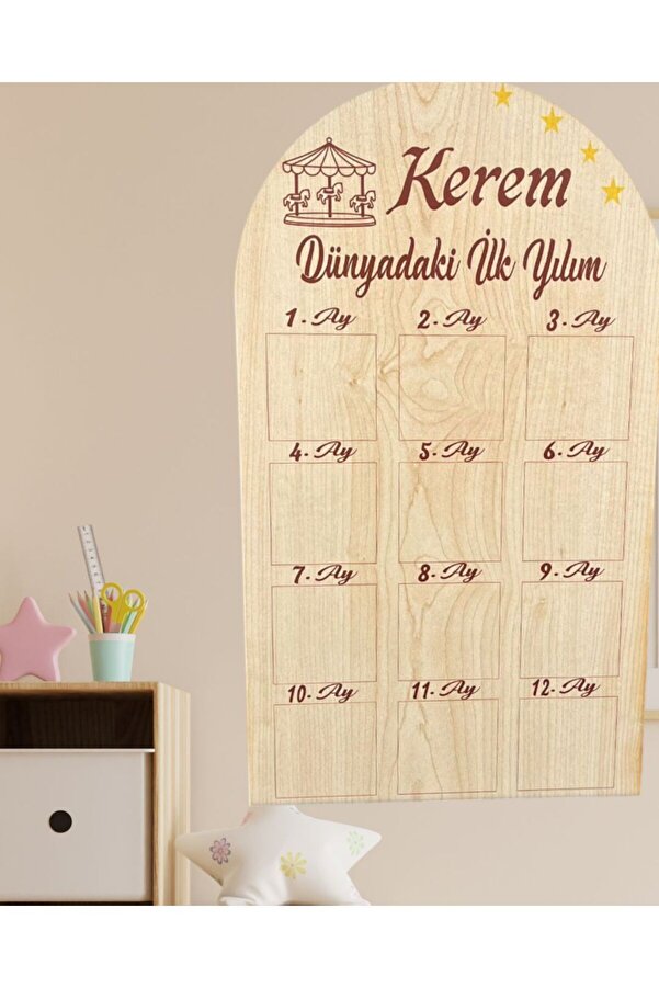 EXİN Kişiye Özel 1 Yaş 12 Ay Dünyada İlk Yılım Ahşap Fotoğraf Panosu Doğum Günü Süsü Bebek Hediyelik