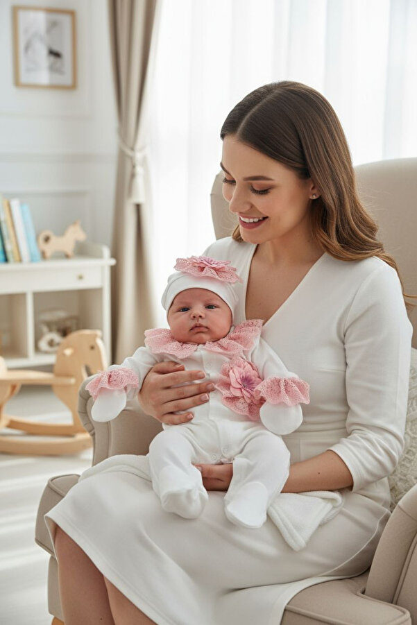 Şeker Tadında Tasarımlar Yakası Pudra Güpür Detaylı Tulum Seti - Hastane Çıkışı - Mevlüt Takımı