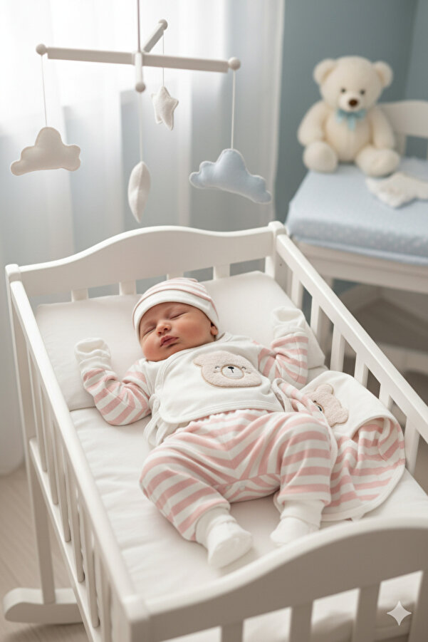 Petite Ponpon Baby One Size Çizgili Ayıcık Detaylı Yenidoğan Kız Bebek Pembe Hastane Çıkış Seti 10 Parça