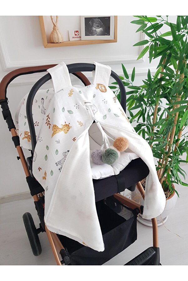 ib ilkimbebe Safari Hayvanlar Büyük Ponponlu Çift Taraflı Fermuarlı Bebek Puset Örtüsü ve Puset Minderi