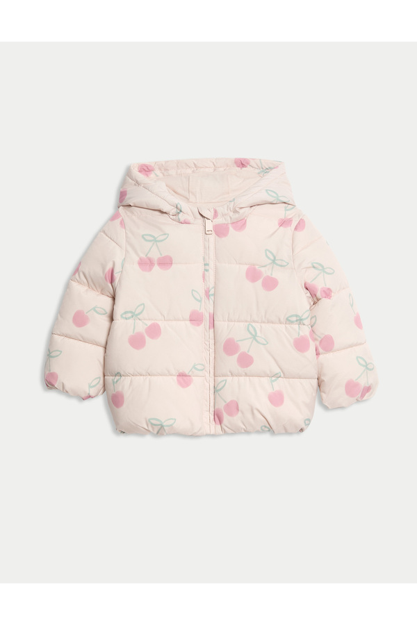 Marks & Spencer Kiraz Desenli Hafif Kapitone Kapüşonlu Bebek Kabanı (0-3 Yaş)