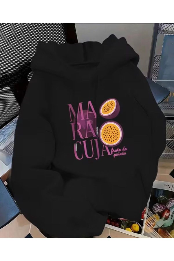 herkesemoda Maracuja Print Detailed Hooded Sweatshirt with Fleece Inside