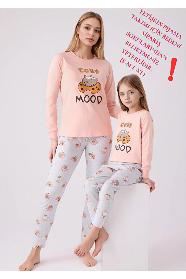 Loule %100 Pamuklu Anne & Kız Çocuk Baskılı Turuncu İkili Pijama Takımı L1.RP.346.7.002