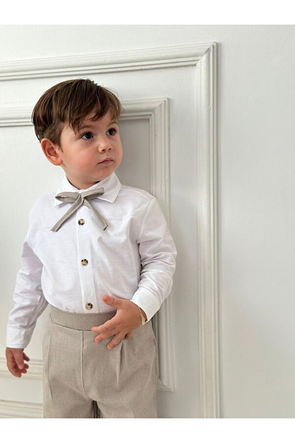 Z KİDS Yeni Bej Fiyonklu Gömlek Pantolon Erkek Bebek Çocuk Takım